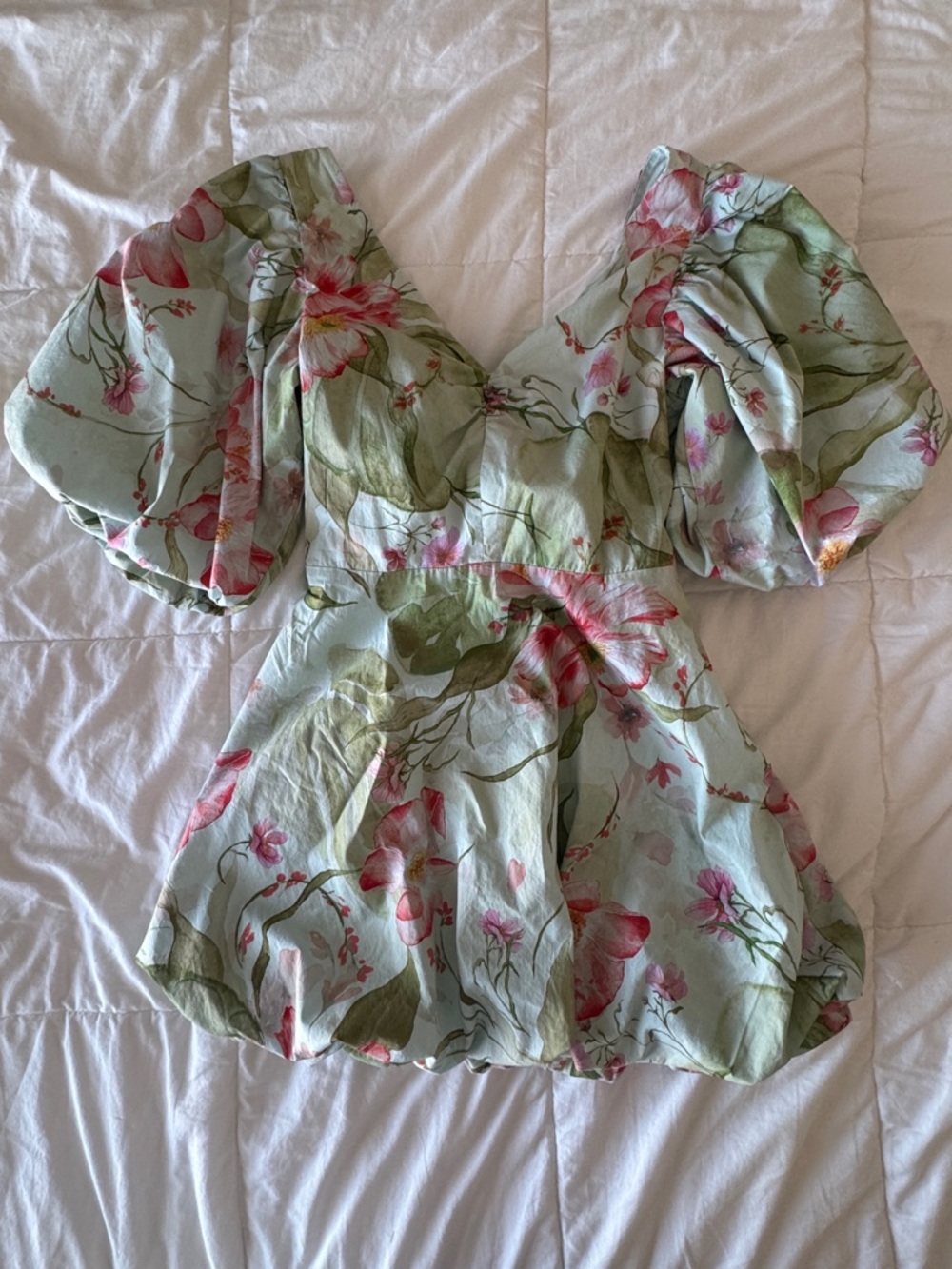 H&M Floral Bubble Hem Mini Dress Balloon Sleeves Sage Green Cottagecore Size Med - Picture 4 of 9
